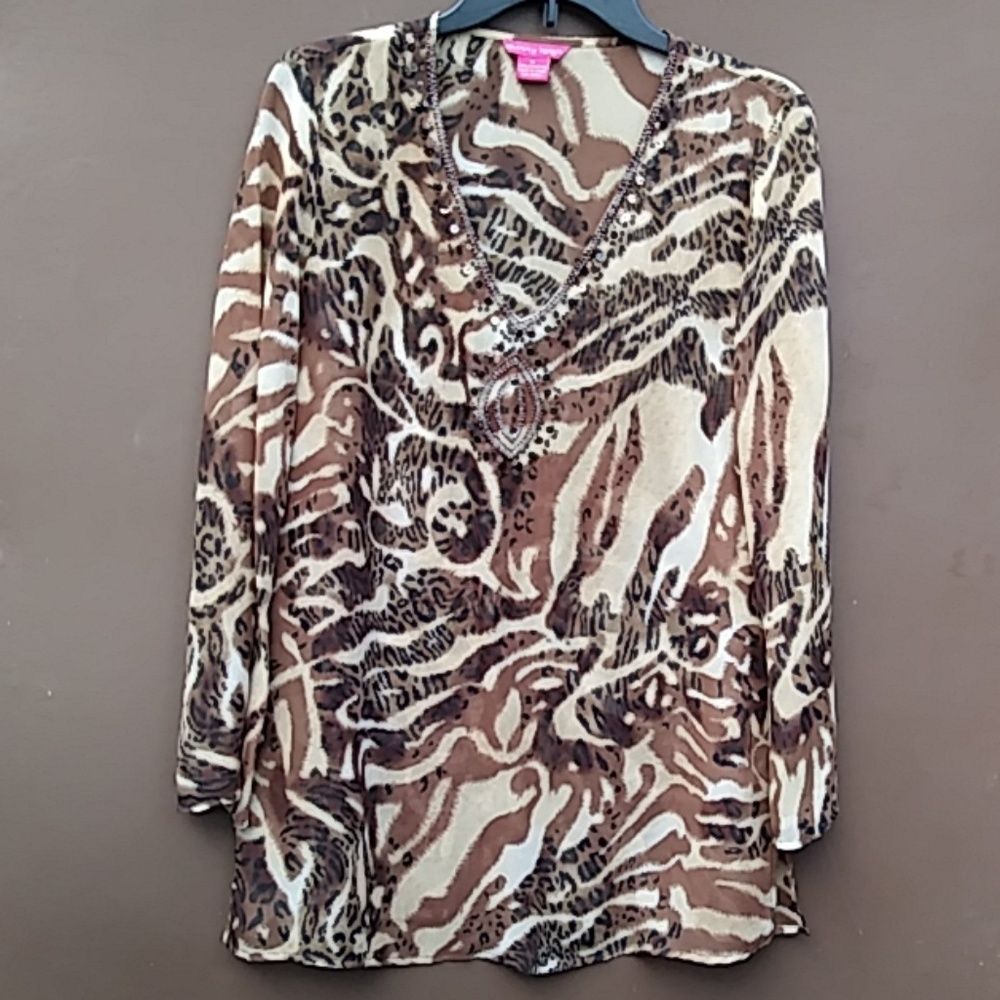 Sunny Leigh  embroidered V-Neck Sheer Tunic Sz M